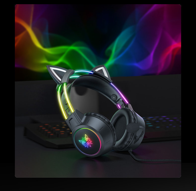 Cat Ear Style Over-ear Wired Gaming Headphone with Mic for Internet Bar Computer Earphone
