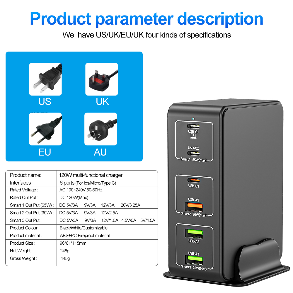 6-port Multifunctional 120W high power charger PD 65W fast charging USB multi-port mobile phone computer charger chargin