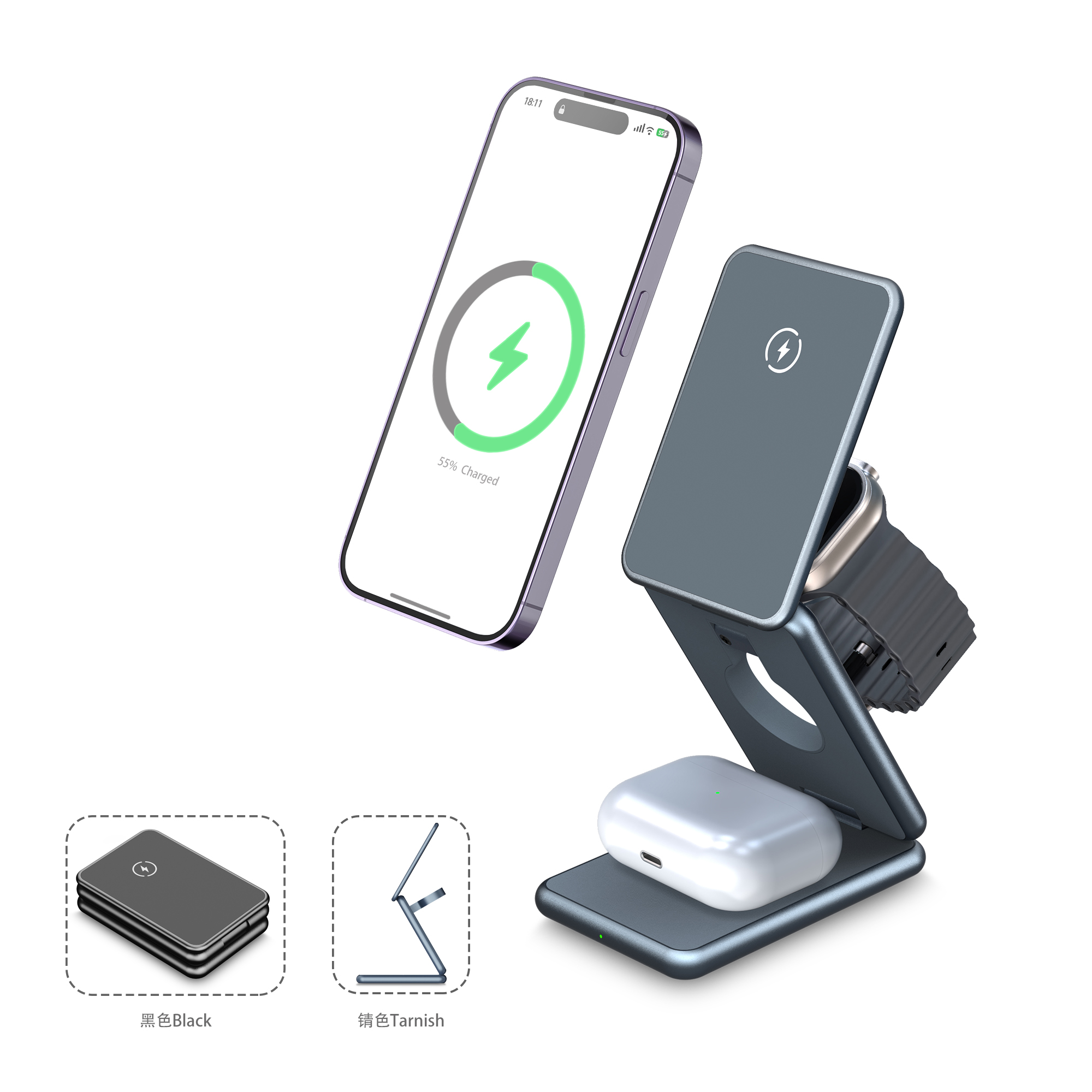 3in1 Wireless Charger Metal Folding Magnetic Wireless Charger For Iphone Apple Samsung Watch Airpods 3 In 1 Wireless Cha