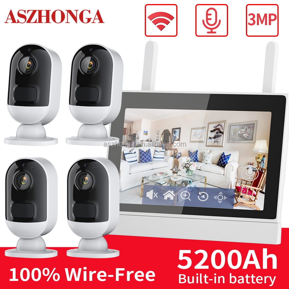 4CH Mini Smart Wireless Ip Network Security Home Surveillance CCTV Battery Camera System 3MP WiFi 7 Inch LCD Monitor Nvr