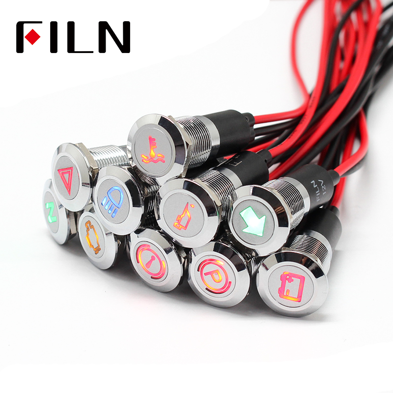 FILN 12V LED Car Boat LED Warning Dashboard Signal Lights Instrument Pilot light 12mm Waterproof Lamp Black Chrome finis