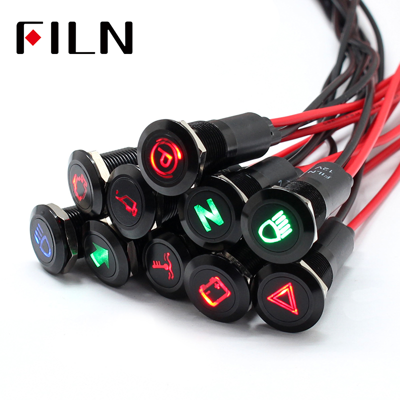 FILN 12V LED Car Boat LED Warning Dashboard Signal Lights Instrument Pilot light 12mm Waterproof Lamp Black Chrome finis