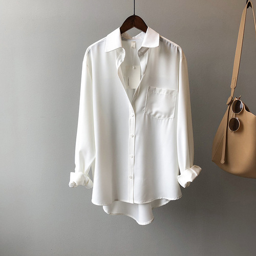 Women White Simulated silk  Shirt Tops Lady Long Sleeve Office Ladies satin blouse blusas women's blouses & shirts