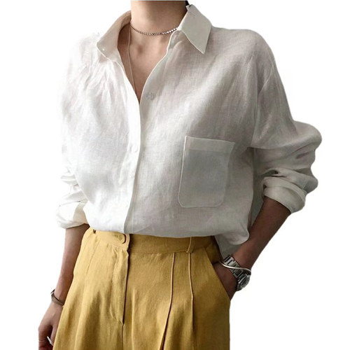 New arrival modest women's blouses & shirts  solid color 100% linen shirt women blouses shirts for Ladies