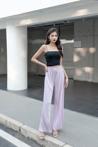 Flowy Pleated Pants with Elastic Waistband Windproof Pleated Straight Full Length Woven Sweet Women's Pants & Trousers