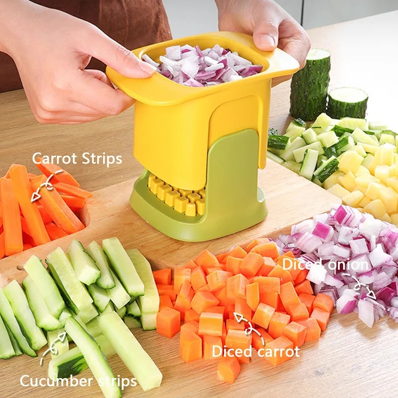 All in One Vegetable Chopper & French Fries Cutter Manual Kitchen Tool for Onion Dicing, Cucumber Slicing