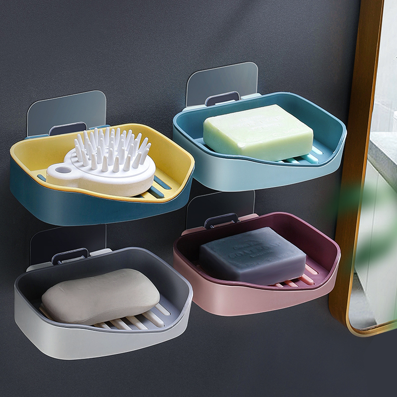 Nordic Minimalist Style Low Price Bathroom Organizer Wall-mounted Punch Free Double Layer Soap Box with Drain Pan