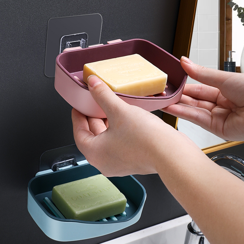 Nordic Minimalist Style Low Price Bathroom Organizer Wall-mounted Punch Free Double Layer Soap Box with Drain Pan