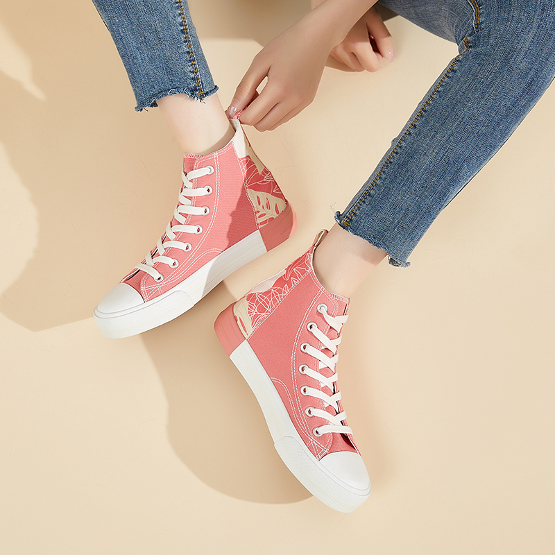 Fashionable 2022 Summer Color Splicing  Women Canvas Sneaker High Top Contrast Color Rubber Strip Canvas Shoes