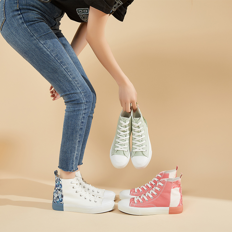 Fashionable 2022 Summer Color Splicing  Women Canvas Sneaker High Top Contrast Color Rubber Strip Canvas Shoes