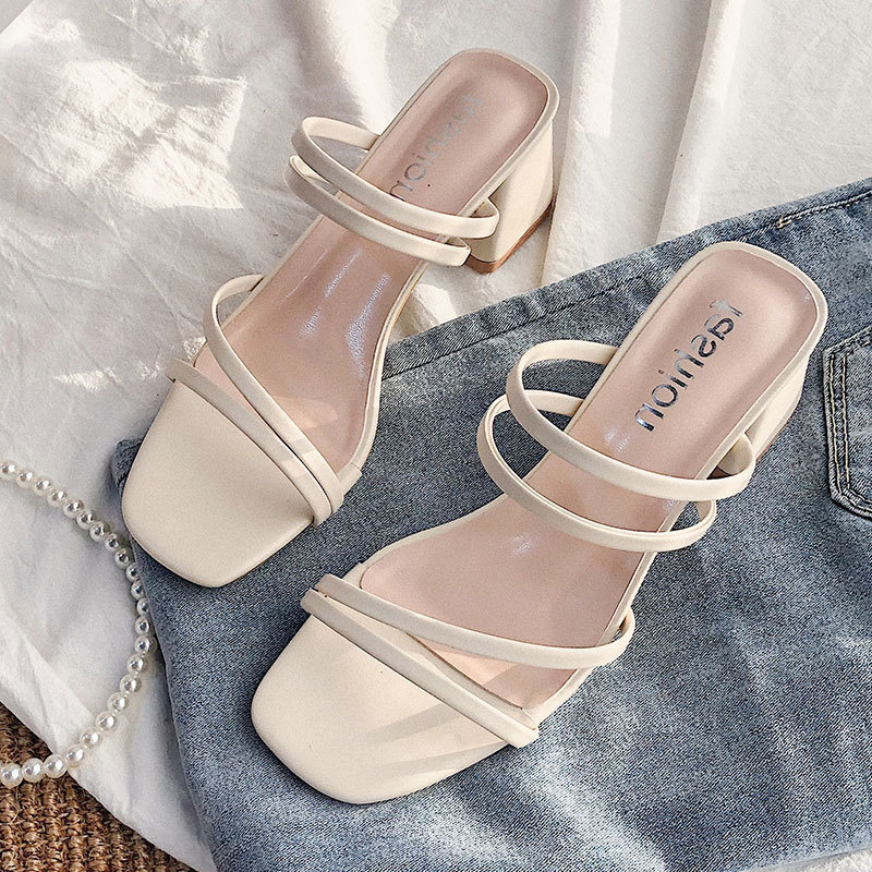 Black Thin strap Retro trend ladies sandals cozy breathable non-slip mid-heel sandals slippers designer shoes for women