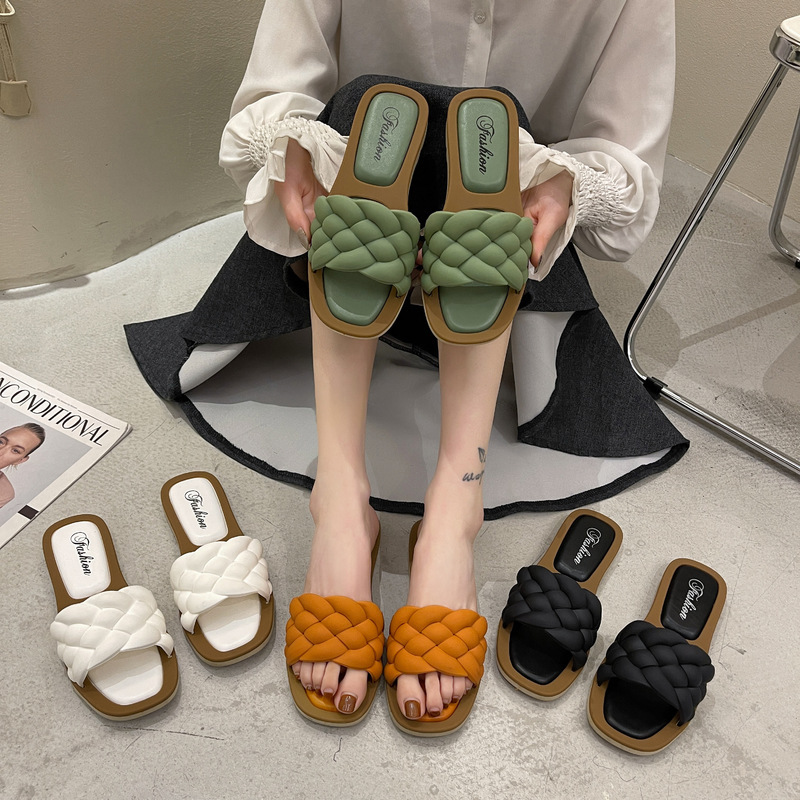 2022 Cheap Designer Fashion Summer Braid Slide Sandals for Women Square Open Toe Flat Sandals Braided Ladies Slippers an