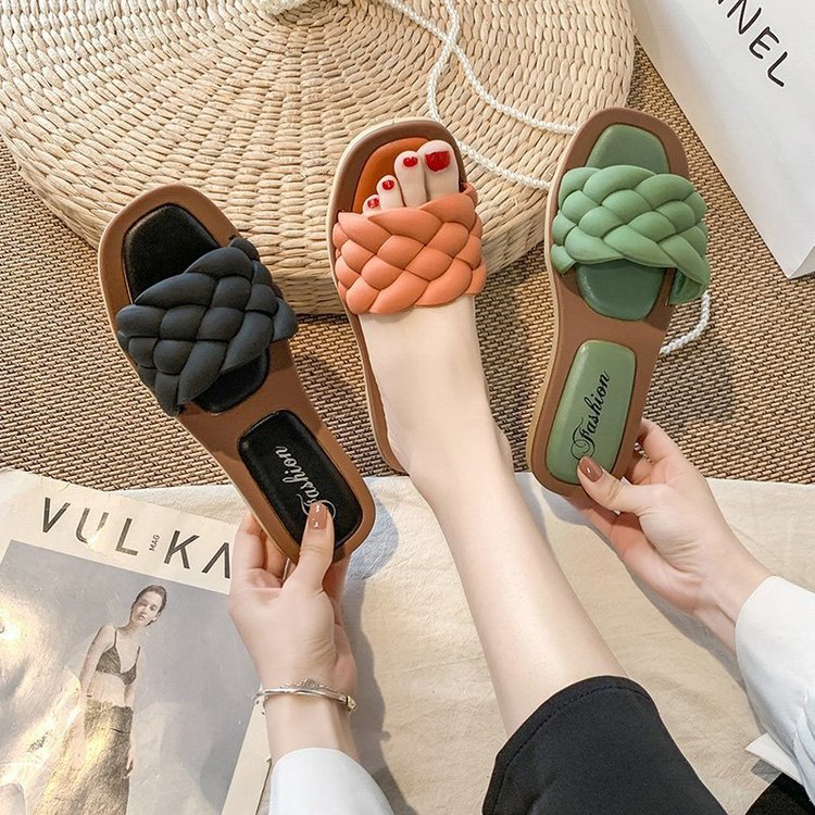 2022 Cheap Designer Fashion Summer Braid Slide Sandals for Women Square Open Toe Flat Sandals Braided Ladies Slippers an