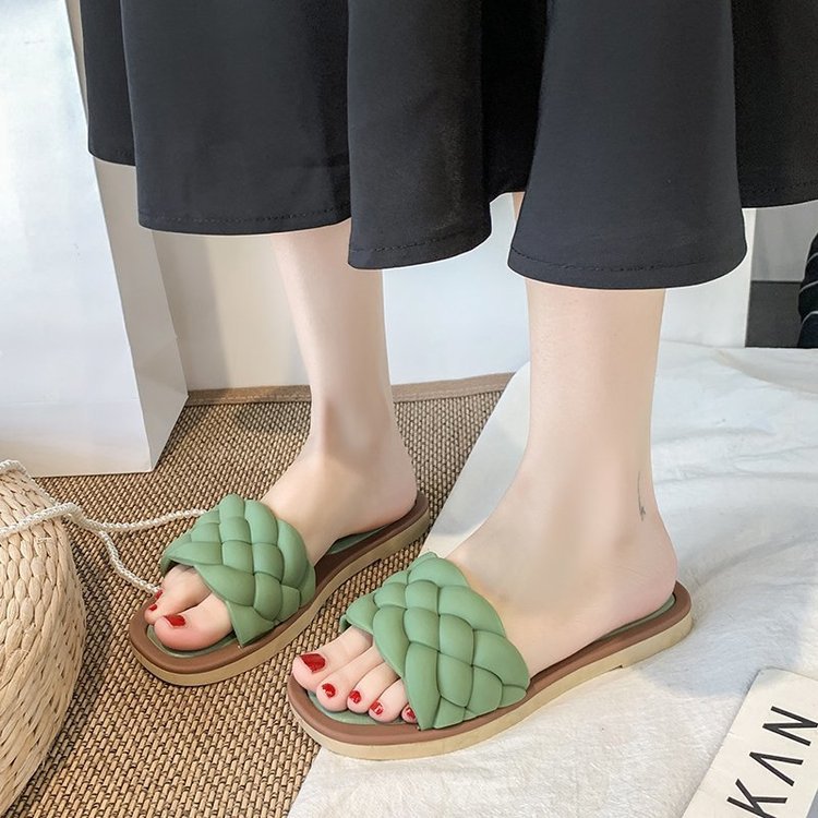 2022 Cheap Designer Fashion Summer Braid Slide Sandals for Women Square Open Toe Flat Sandals Braided Ladies Slippers an