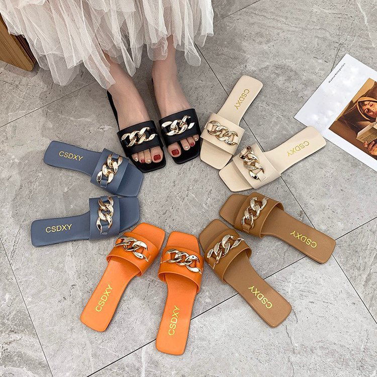 2023 New Designer Square Toe Women's Summer Flat Sandals Fashion Chain Slippers Sandals Ladies Flip Flops Casual Beach S