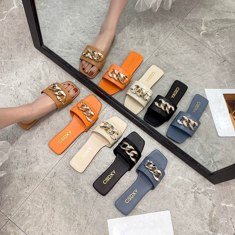 2023 New Designer Square Toe Women's Summer Flat Sandals Fashion Chain Slippers Sandals Ladies Flip Flops Casual Beach S