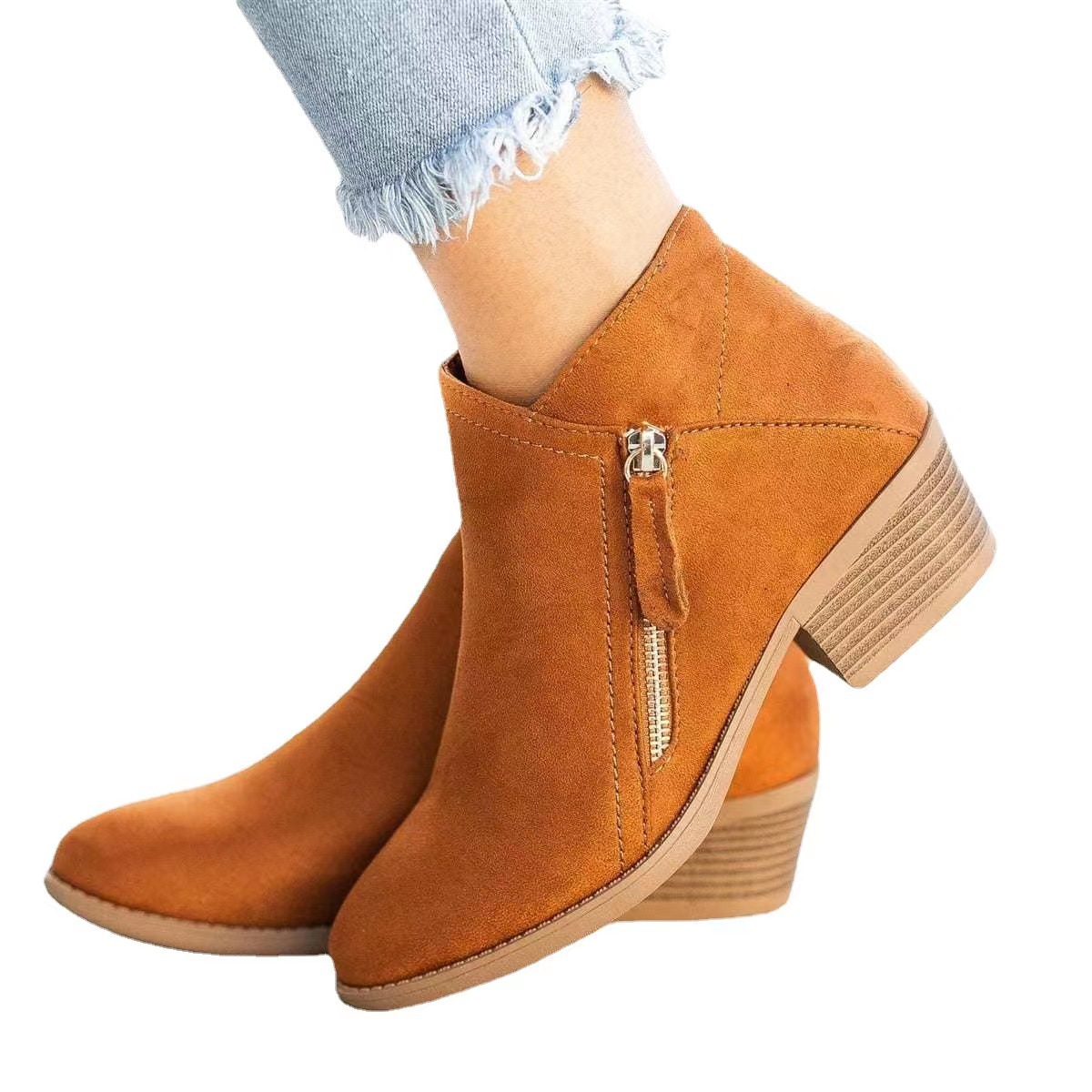 Women Short Boot Ankle Boots Zipper Flat Shoes Vintage Thick Square Heel Boots