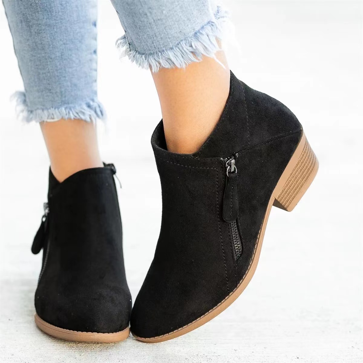 Women Short Boot Ankle Boots Zipper Flat Shoes Vintage Thick Square Heel Boots