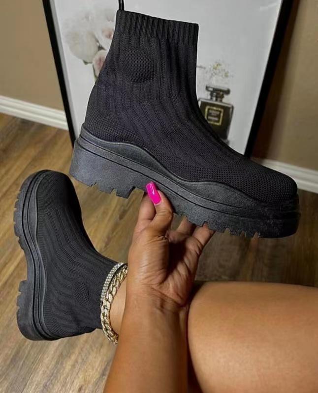 Knitted Platform Women's Boots Autumn and Winter Ankle Boots Women's Breathable Mid Well Boots