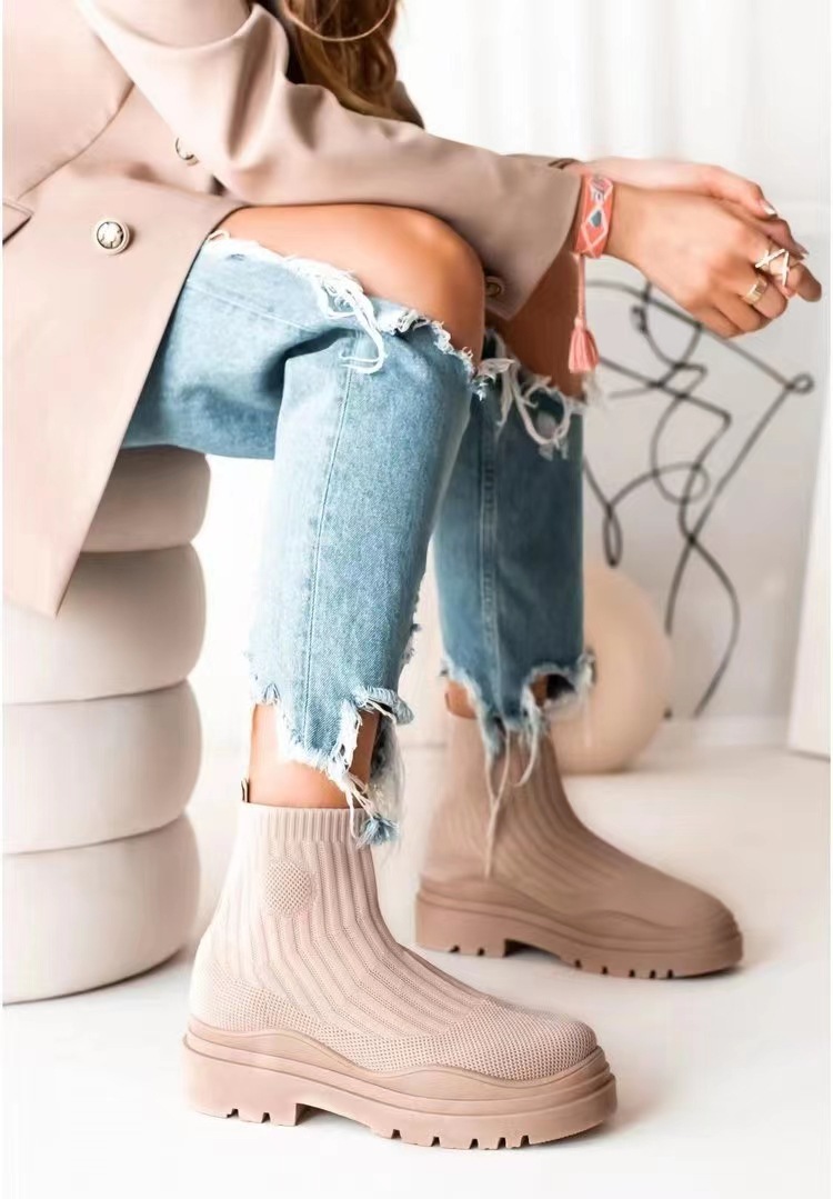 Knitted Platform Women's Boots Autumn and Winter Ankle Boots Women's Breathable Mid Well Boots
