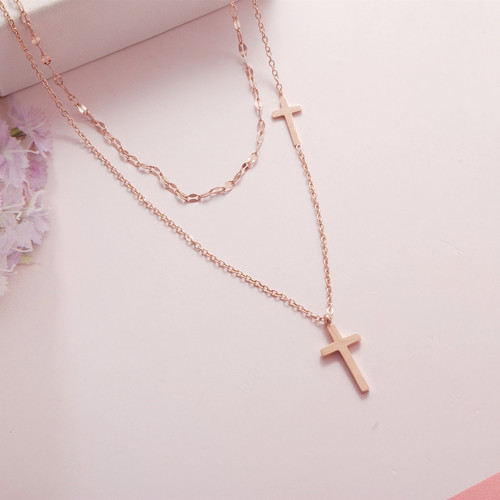  18k Gold Plated Stainless Steel double cross cross pendant necklace collarbone chain women's fashion jewelry