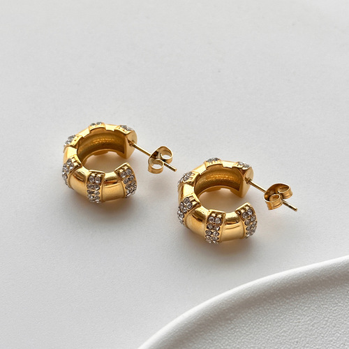 2023 Dazan New 18k Gold Plated Unique Hypoallergenic Stainless Steel Bamboo Iced Out Zircon Earrings Dance Jewelry For W
