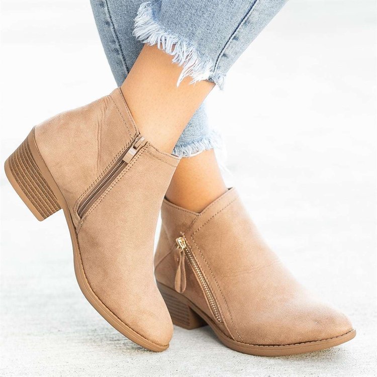 Women Short Boot Ankle Boots Zipper Flat Shoes Vintage Thick Square Heel Boots