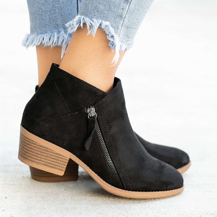 Women Short Boot Ankle Boots Zipper Flat Shoes Vintage Thick Square Heel Boots