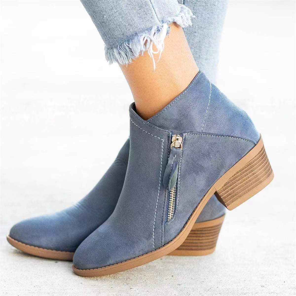 Women Short Boot Ankle Boots Zipper Flat Shoes Vintage Thick Square Heel Boots