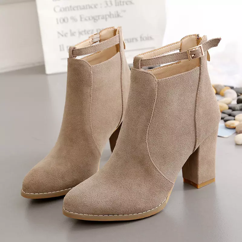 Ladies Ankle Boots Women Chunky Solid Color Boots High Heels Boots