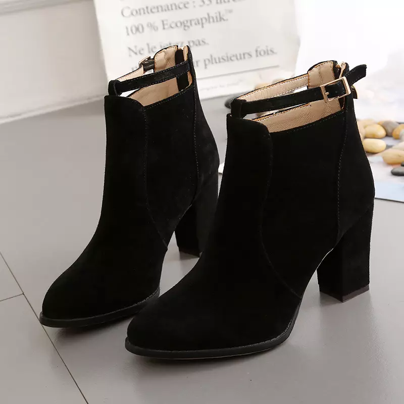 Ladies Ankle Boots Women Chunky Solid Color Boots High Heels Boots
