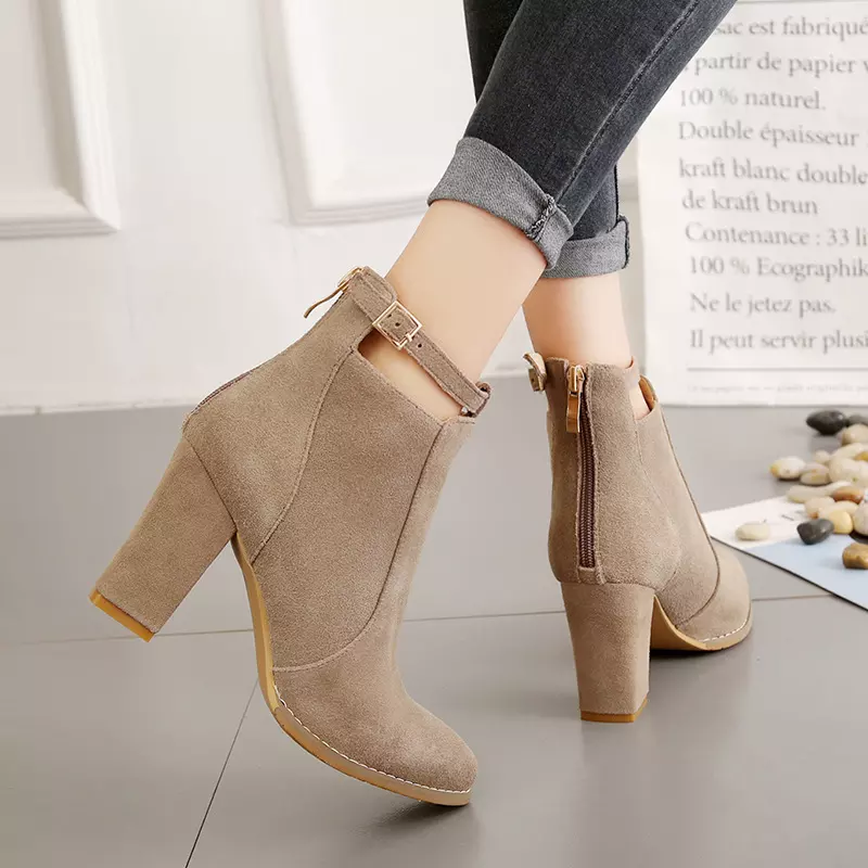 Ladies Ankle Boots Women Chunky Solid Color Boots High Heels Boots