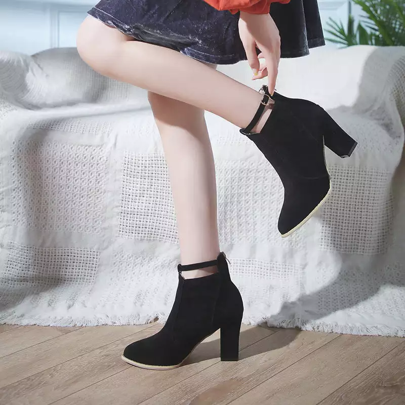 Ladies Ankle Boots Women Chunky Solid Color Boots High Heels Boots