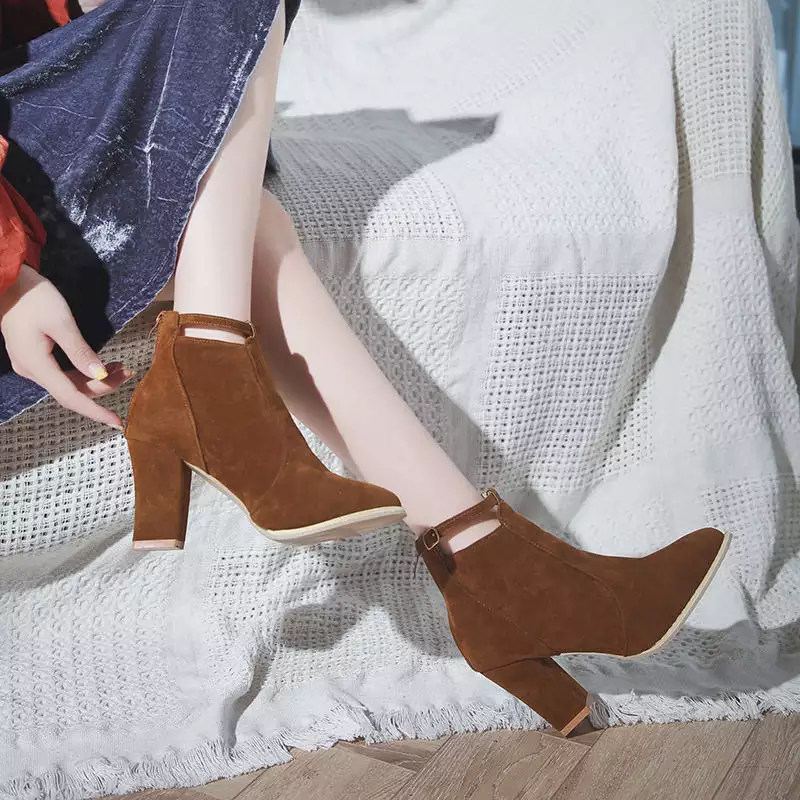 Ladies Ankle Boots Women Chunky Solid Color Boots High Heels Boots