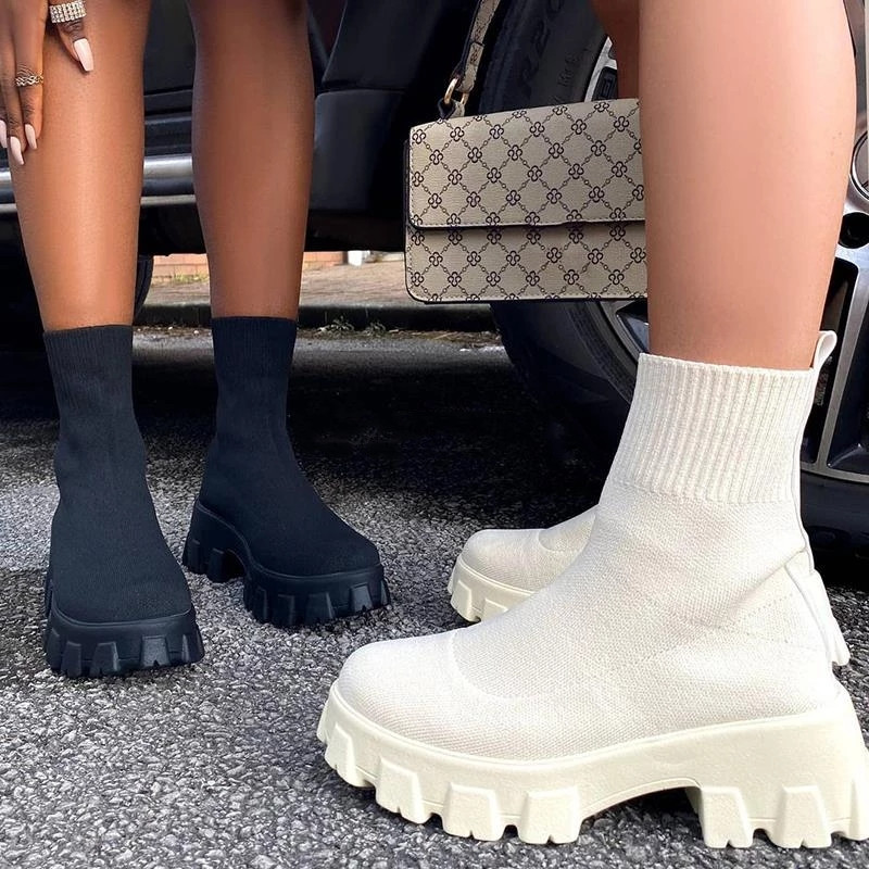 Autumn Fashion Socks Shoes Woman Stretch Fabric Mid-Calf Casual Platform Boots Net Red Knitted Women Booties