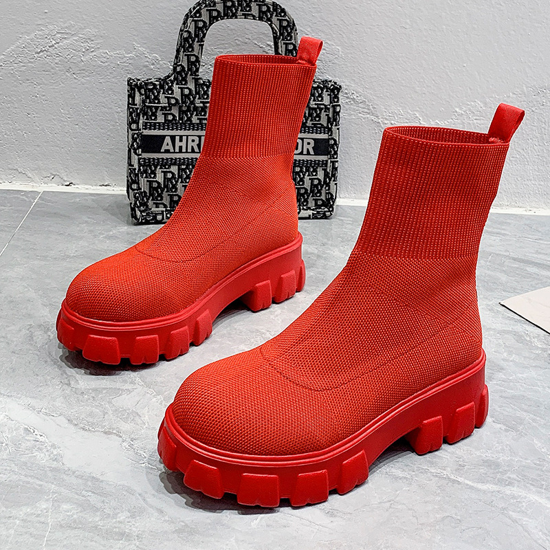 Autumn Fashion Socks Shoes Woman Stretch Fabric Mid-Calf Casual Platform Boots Net Red Knitted Women Booties