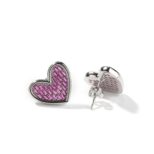 2023  Purple Pink CZ Baguette Heart Earrings Valentine's Day Gift Hip Hop Jewelry Women Men