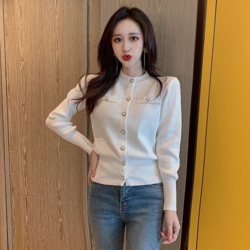 Spring small fragrance knitted cardigan sweater female crewneck contrast color light solid color long sleeve Joker