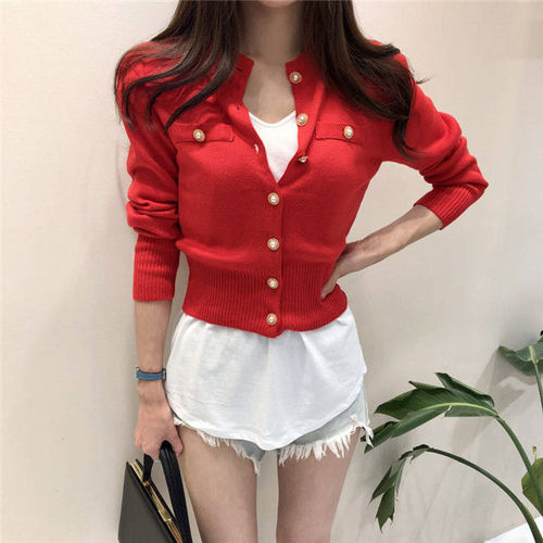 Spring small fragrance knitted cardigan sweater female crewneck contrast color light solid color long sleeve Joker