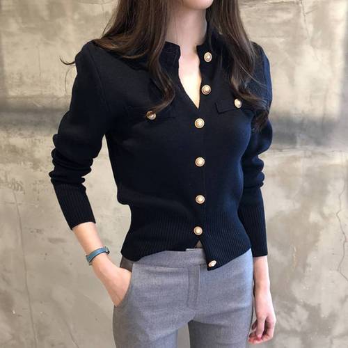 Spring small fragrance knitted cardigan sweater female crewneck contrast color light solid color long sleeve Joker