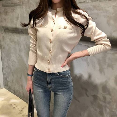 Spring small fragrance knitted cardigan sweater female crewneck contrast color light solid color long sleeve Joker