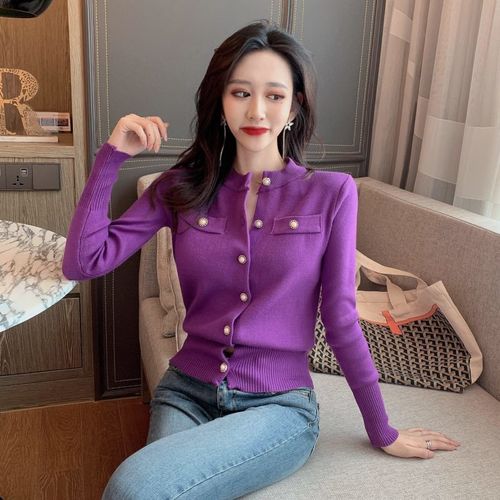 Spring small fragrance knitted cardigan sweater female crewneck contrast color light solid color long sleeve Joker