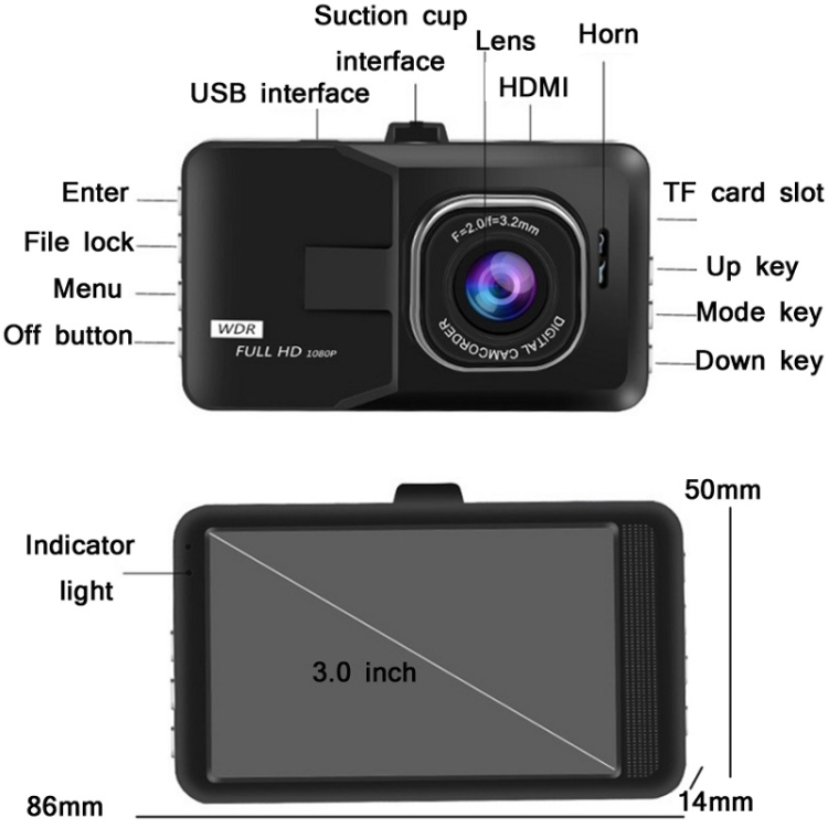 High Quality 3.0 Inch HD 1080P Wide-Angle Car Driving Video Recorder With Reversing Image