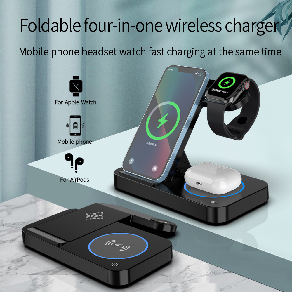 2022 New Style 15w Portable 4 in 1 Fast Wireless Charger Stand Holder Multifunction Foldable Qi  Wireless Charger For ip
