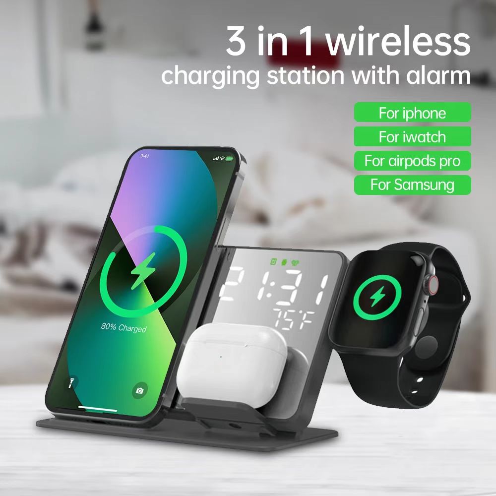 2023 Hot Sale Multifunction Clock Wireless Charger 4 in 1 LED Clock Foldable Multifunctional Wireless Fast Charge for iP