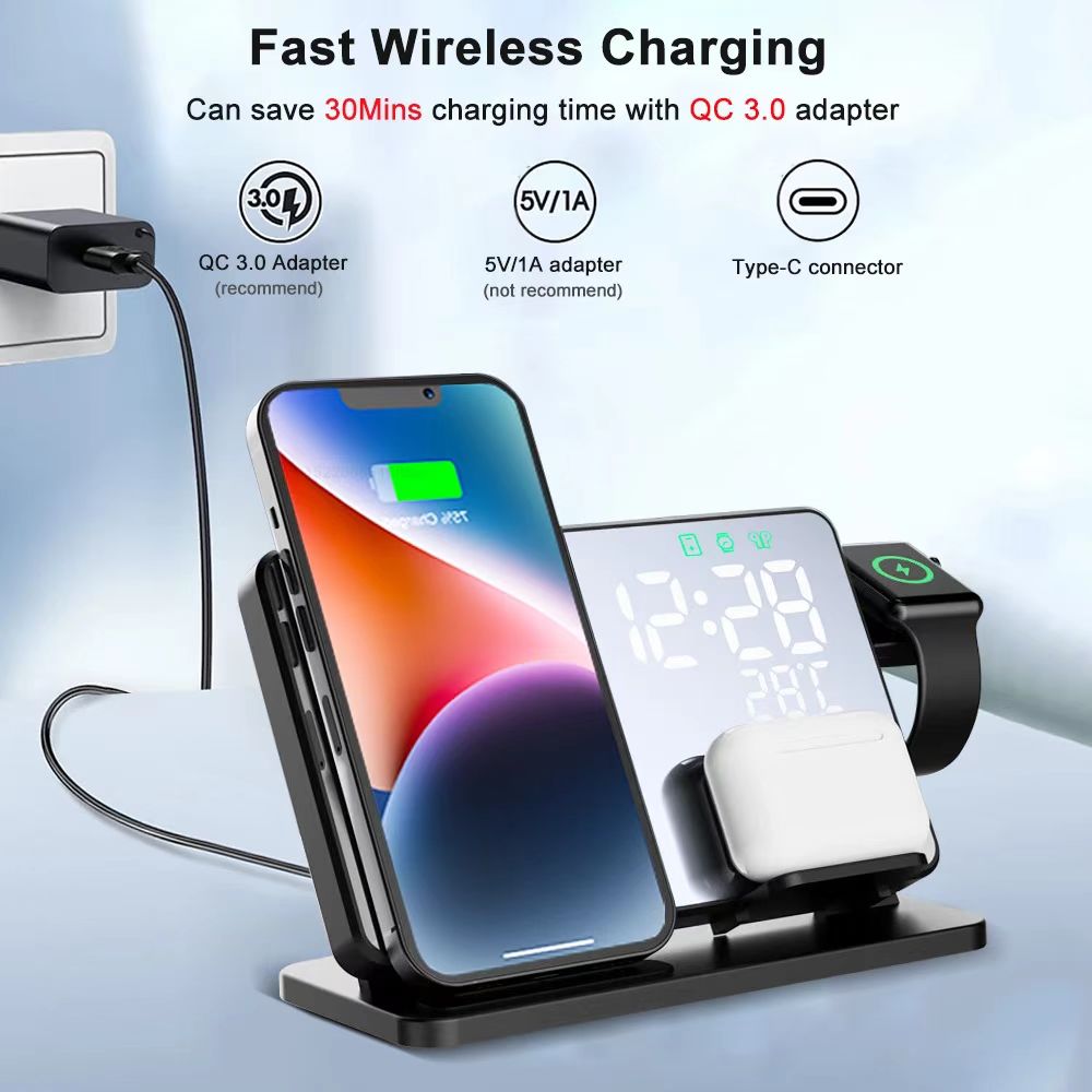 2023 Hot Sale Multifunction Clock Wireless Charger 4 in 1 LED Clock Foldable Multifunctional Wireless Fast Charge for iP