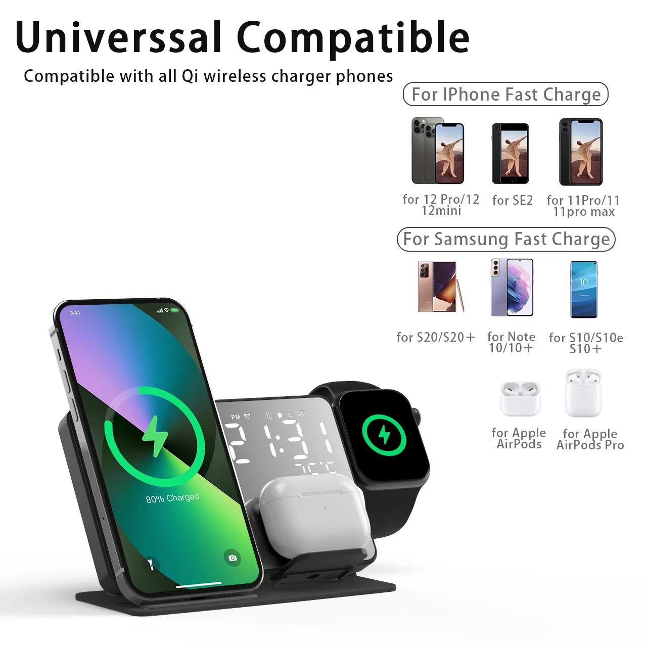 2023 Hot Sale Multifunction Clock Wireless Charger 4 in 1 LED Clock Foldable Multifunctional Wireless Fast Charge for iP
