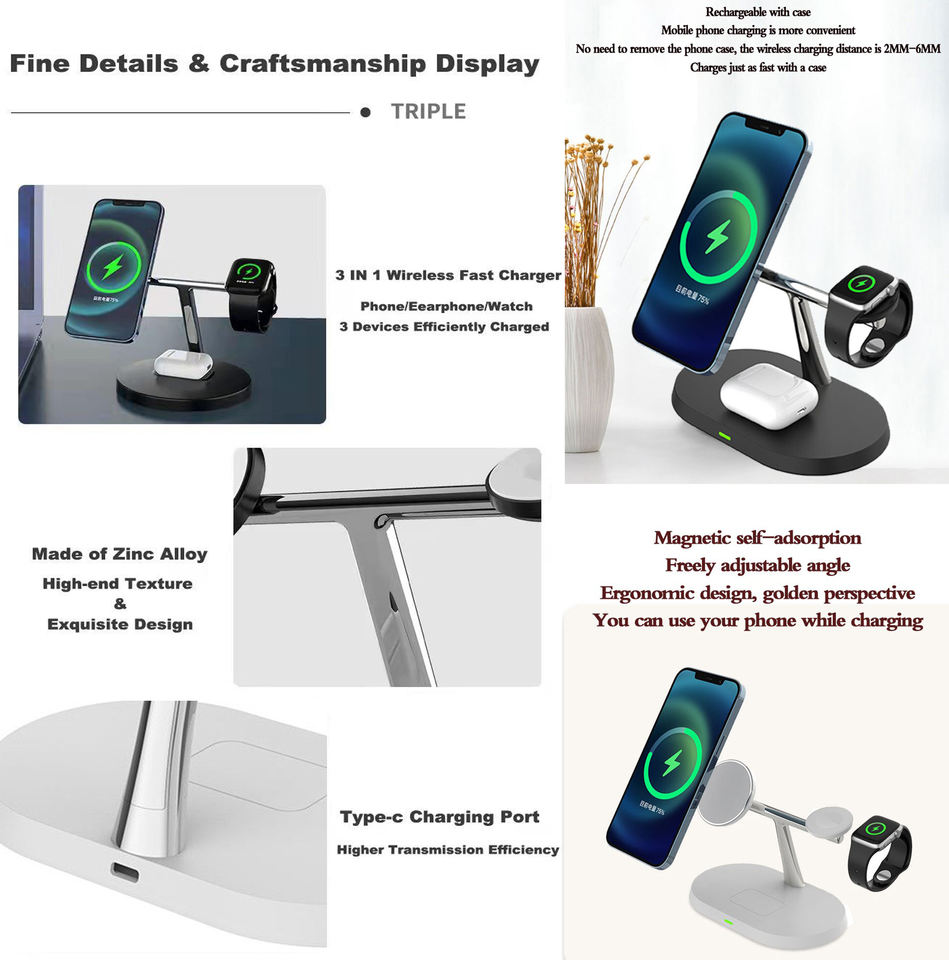 New Product 3 In 1 Electric Lift Wireless Charging Dock Holder Desktop Multifunction Wireless Charger For Iphone Watch H
