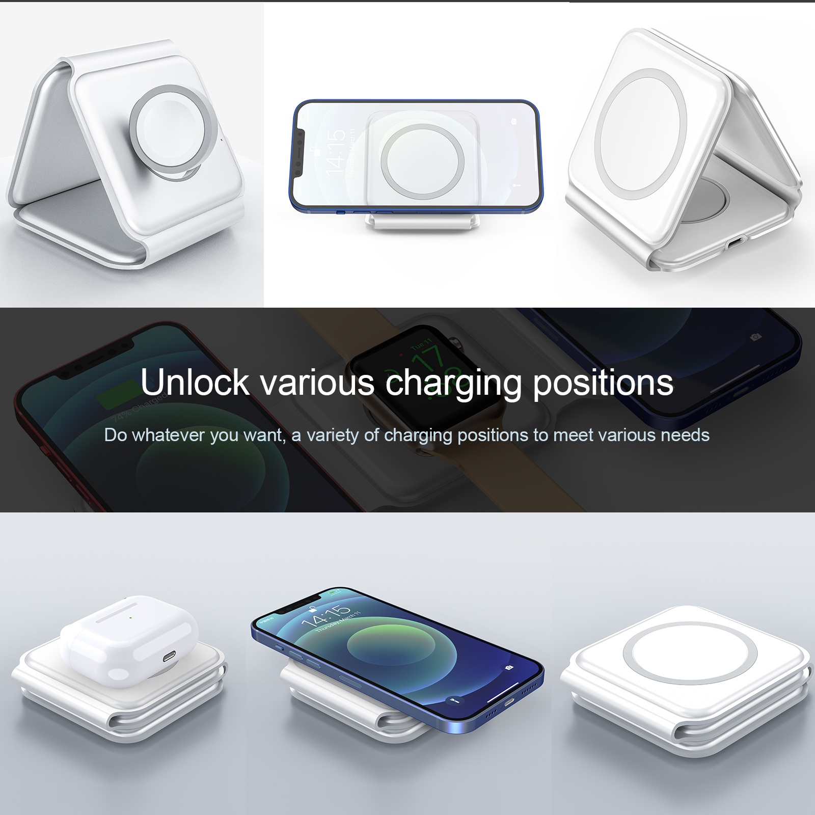 3 In 1 Folding Magnetic Wireless Charger 15w Fold Fast Charging Stand Mobile Phone Support Portable Foldable Wireless Ch