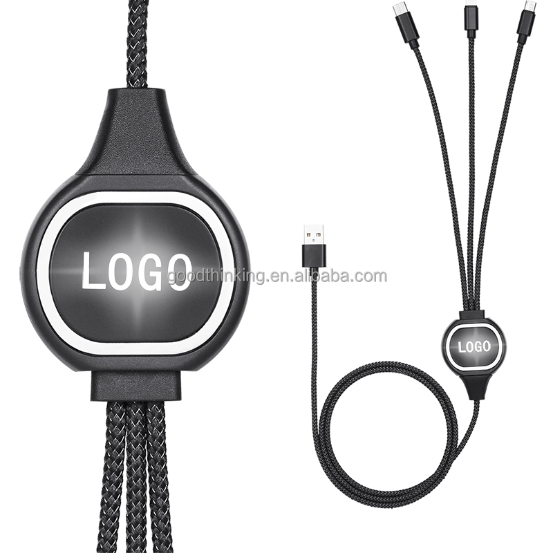 Fast charge cable 1 meter   With LED light USB C multi usb charger cable aluminum nylon 3 in 1